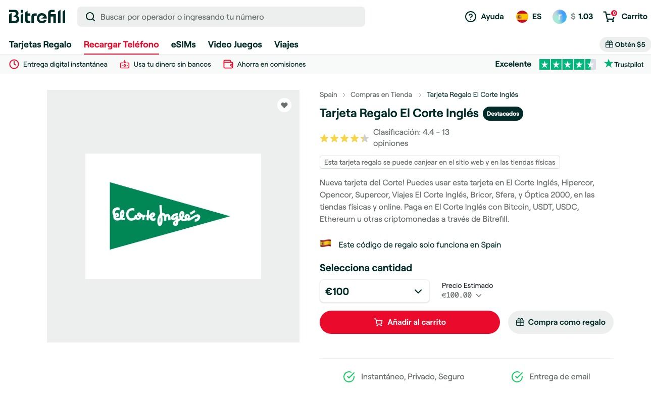 Nueva Tarjeta El Corte Inglés en Bitrefill