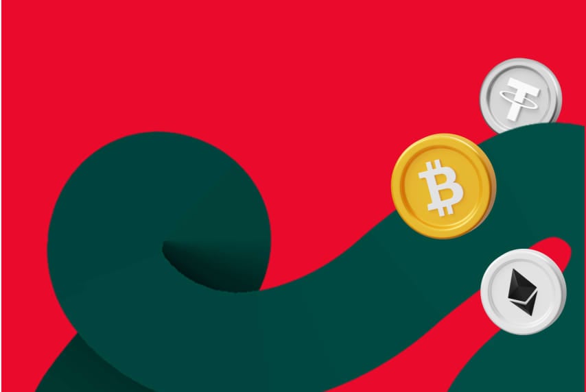 Red background with dark green tube-like thing. Coin-like icons with logos for Bitcoin, Ether and Tether flying around