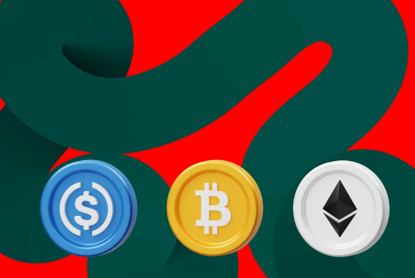 Red background with dark green tube-like thing. Coin-like icons with logos for Bitcoin, Ether and Tether flying around