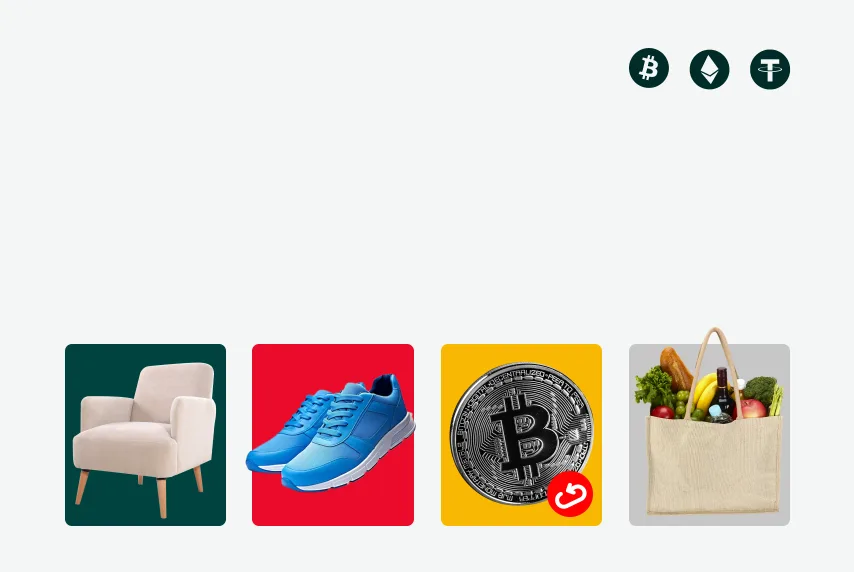 Icons of Bitcoin, Ether and Tether flying around with an artsy circle in the background