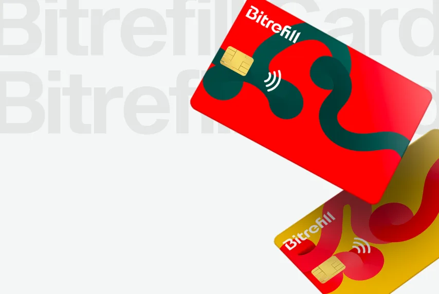 Bitrefill card in red and yellow colors on a light gray background