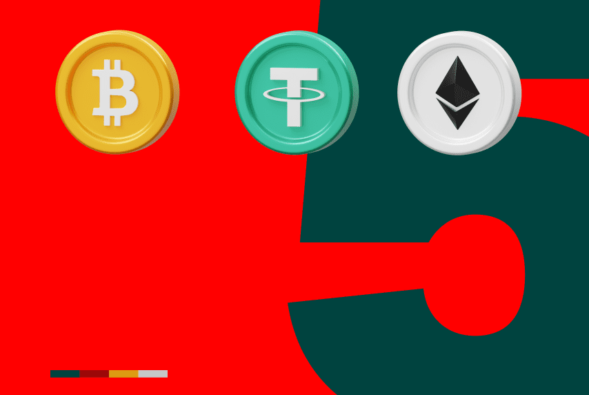 Icons of Bitcoin, Ether and Tether flying around with an artsy circle in the background